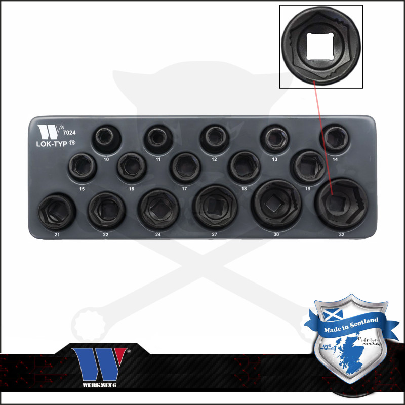 Lok-Typ Légkulcsfej készlet 1/2" 16 db-os spec.6 lap normál 10-32 mm-Welzh