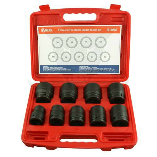 Légkulcsfej készlet 3/4" 9 db 19-36 mm metrikus rövid 6 l. Genius