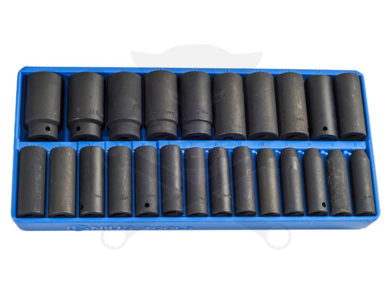 Tálcás Genius dugókulcs, gépi készlet 6 lapú hosszú 1/2" 24 db-os CRV-1/3