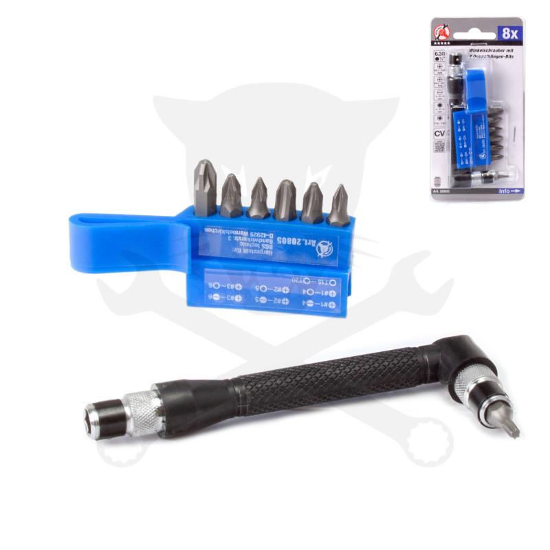Csavarhúzó bit hajtó derékszögű + 7 db duplavégű 1/4" bitek + Tok -BGS