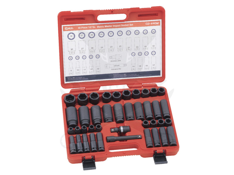 Légkulcsfej készlet 1/2" 40 db 9-30 mm metrikus rövid-hosszú Genius