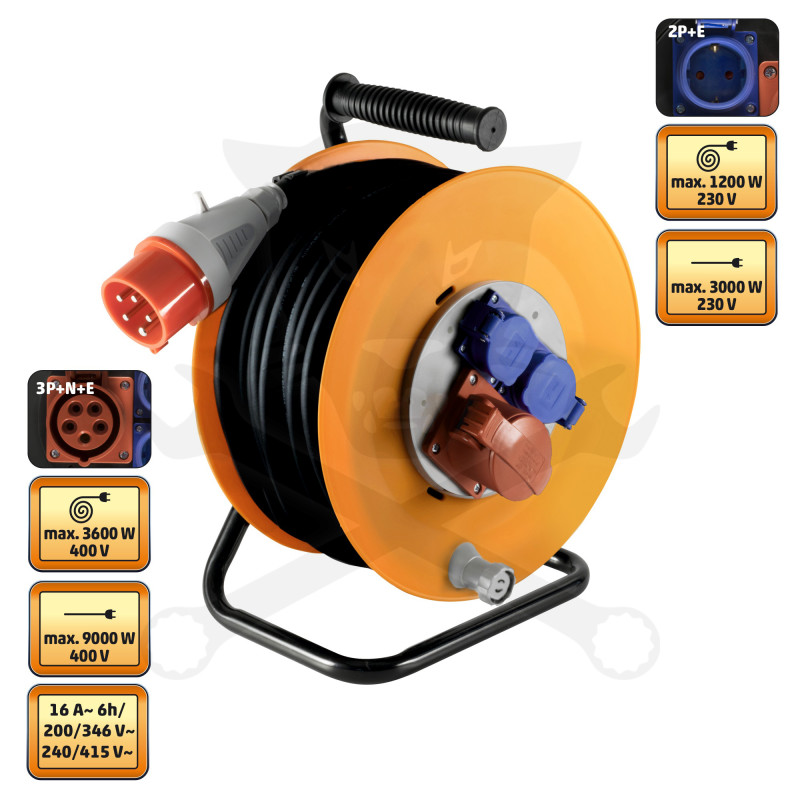 Kábeldob 25 m - IP44 gumi kábel 5 x 2.5 mm2 - 3000W