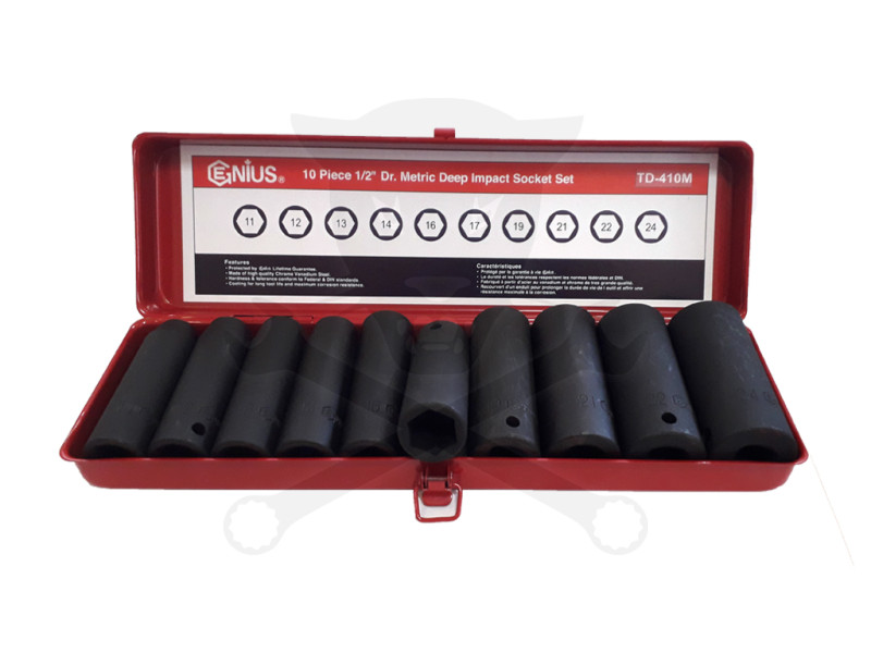 Légkulcsfej készlet 1/2" 10 db 11-24 mm metrikus hosszú Genius