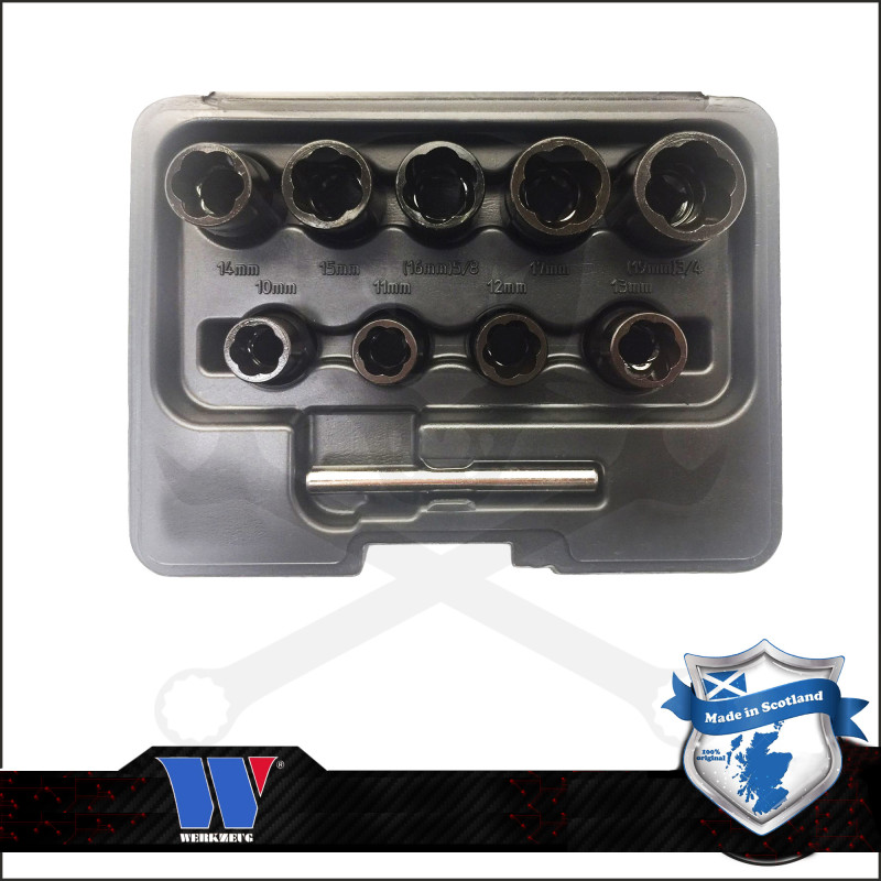 Csavarkiszedő készlet - sérült fejű csavarokhoz 9+1 db-os 10-19 mm 3/8"