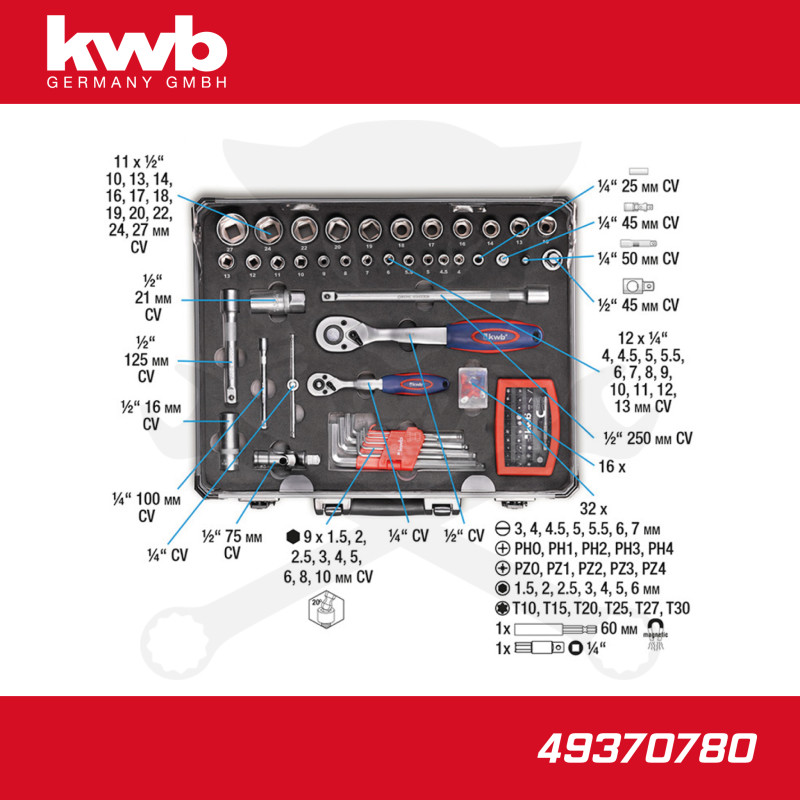 Szerszámkészlet 129 db-os koffer készlet 1/2"-1/4" vegyes - KWB