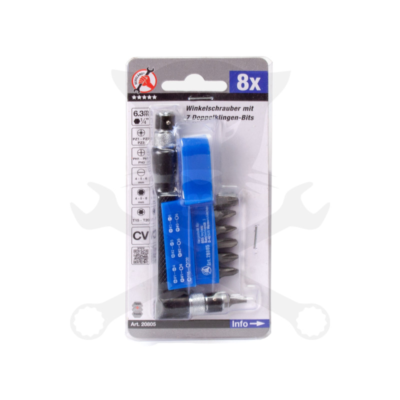 Csavarhúzó bit hajtó derékszögű + 7 db duplavégű 1/4" bitek + Tok -BGS