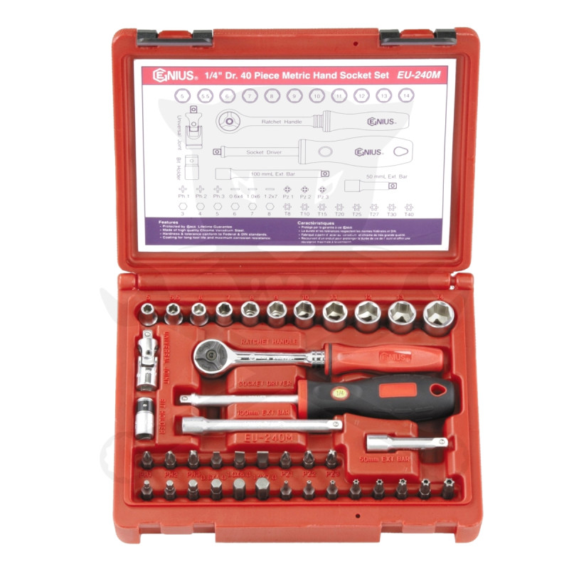 Dugókulcs készlet 1/4" 6 lap 5-14 mm + bithegyek 40 db-os Genius