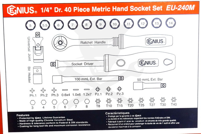 Dugókulcs készlet 1/4" 6 lap 5-14 mm + bithegyek 40 db-os Genius