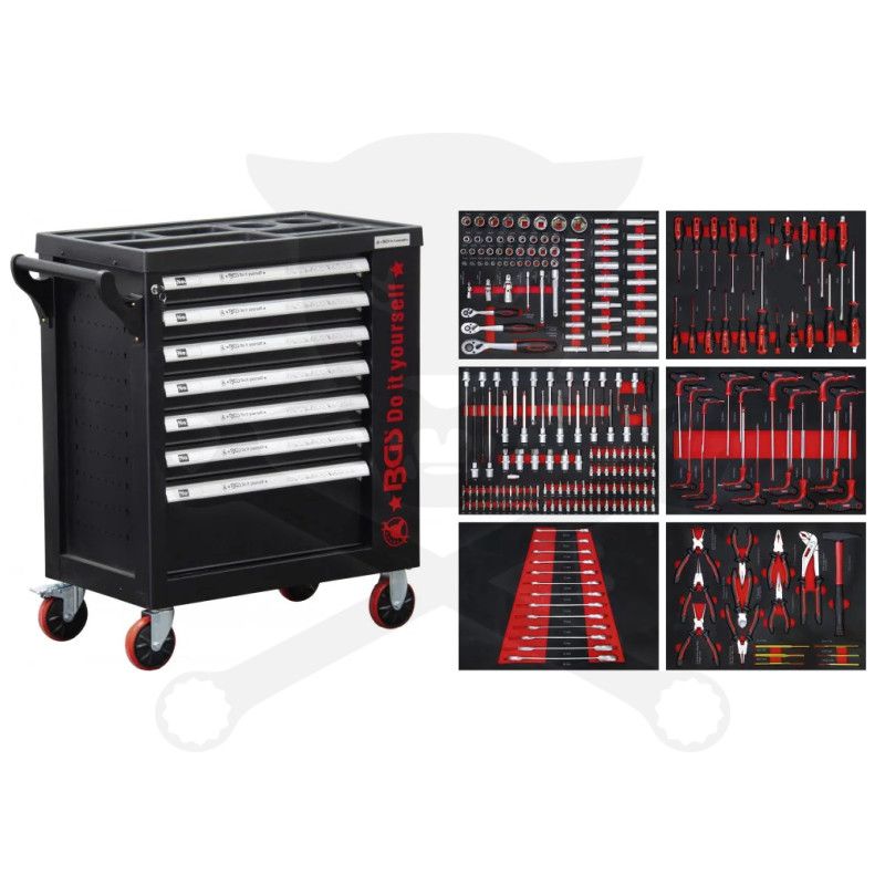 Szerszámos kocsi gyári-felszerelt 250 db-os 7 fiókos szekrény - BGS