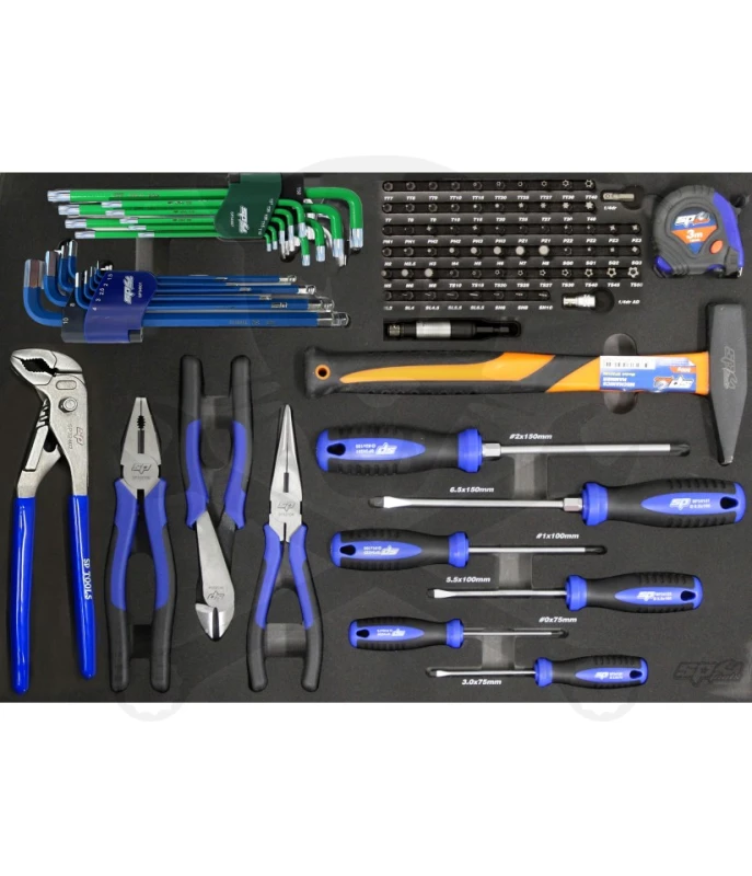 Tálcás SP Tools "M" Kiegészítő Fogó-Kalapács-Csavarhúzó készlet 97db-os