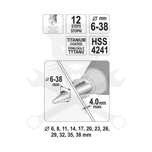 Lemezfúró, lépcsős - 12 lépcsős HSS TiN 6-38 mm