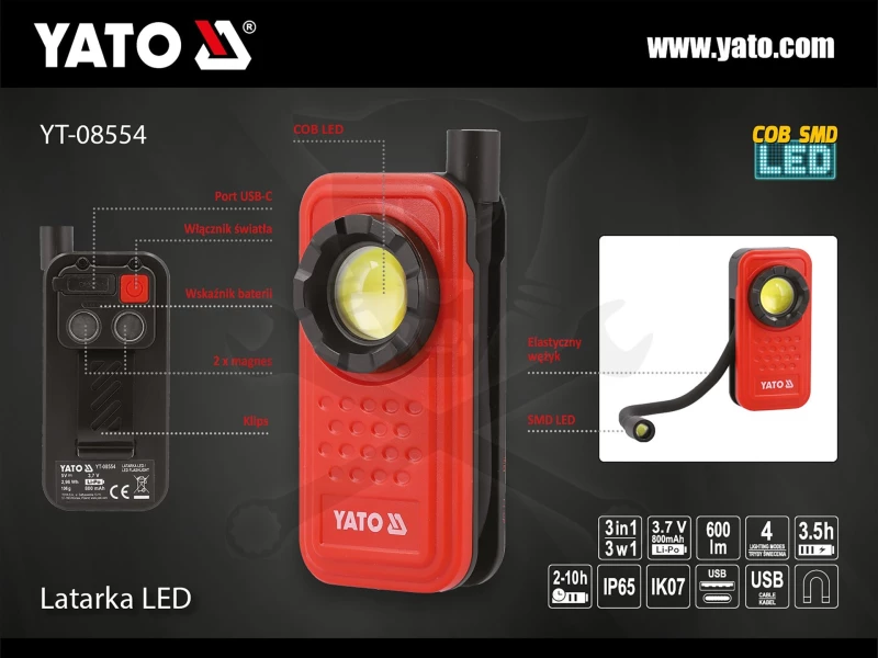 Szerelőlámpa (Zseblámpa) újratölthető USB-s, 600 lm 3 az 1-ben - Yato