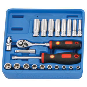 Tálcás Genius dugókulcs készlet 6 lapú norm. + hossz. 1/4" 22 db-os - 1/6